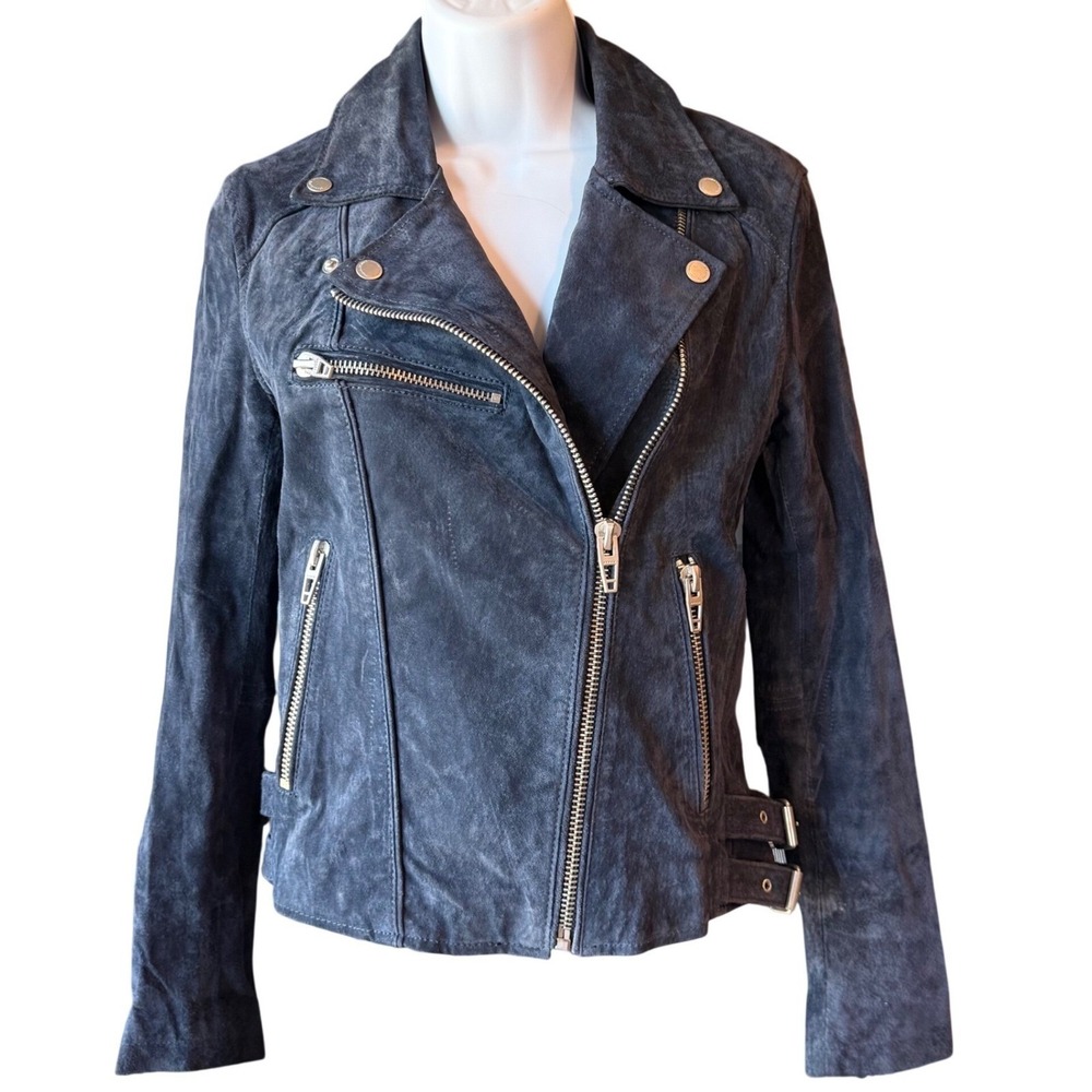 BlankNYC Suede Leather Moto Jacket Navy Blue Leather Biker Full Zip Sz X-Small